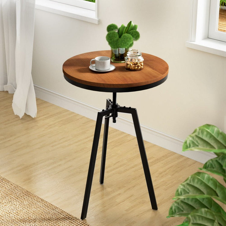 Round rustic industrial bar table with timber top and black metal legs