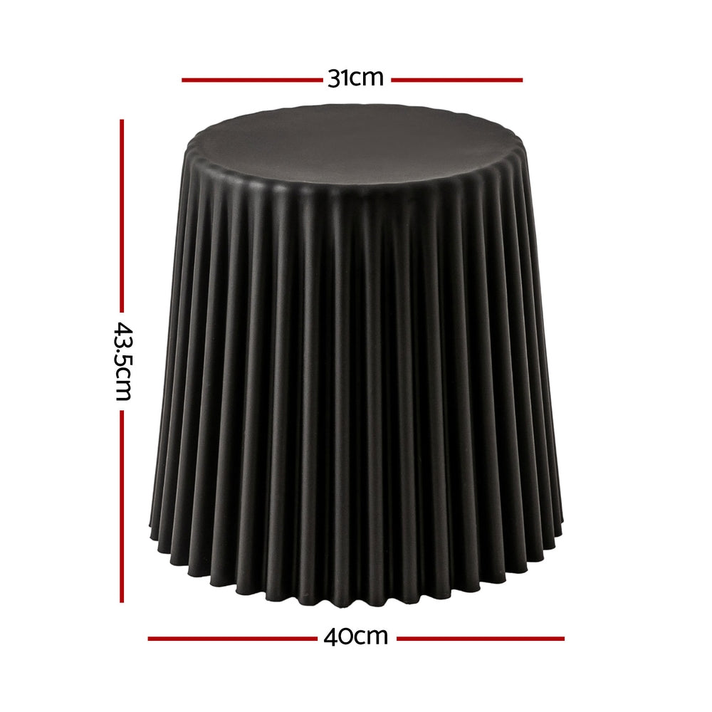 Black round stool with measurements on a white background