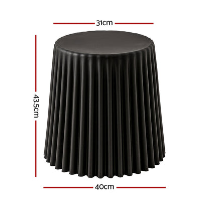 Black round stool with measurements on a white background