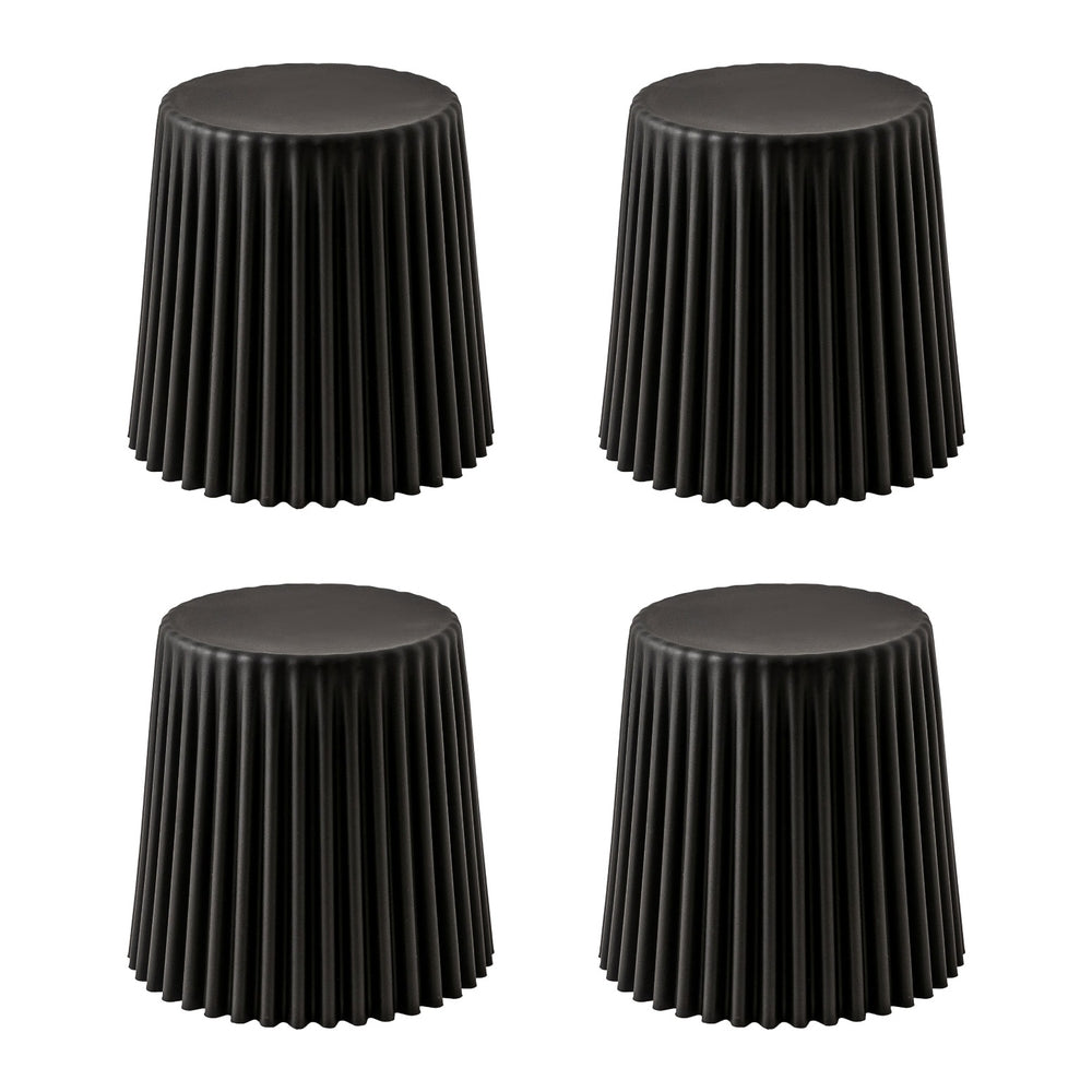 Four black textured stools on a white background