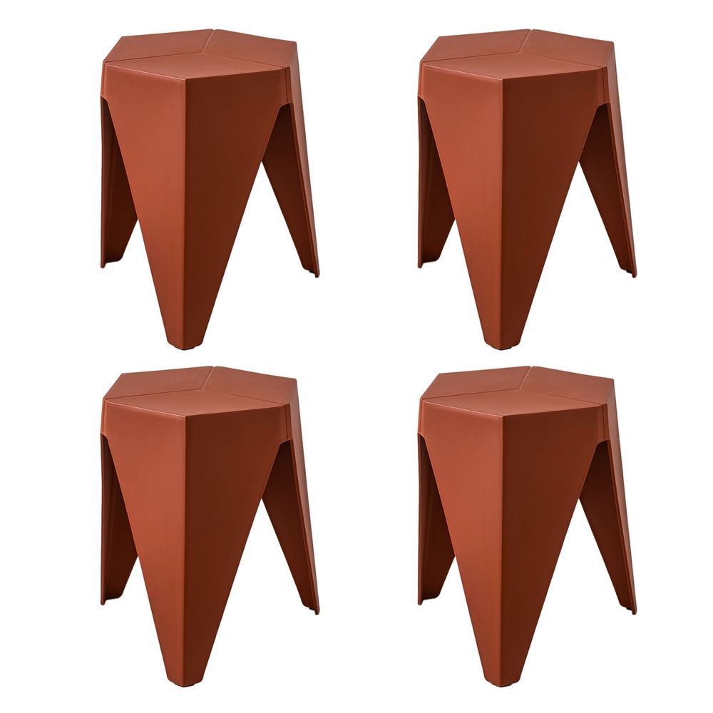 Four red stools with a geometric design on a white background