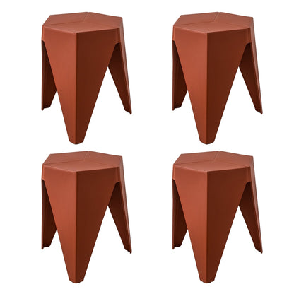 Four red stools with a geometric design on a white background