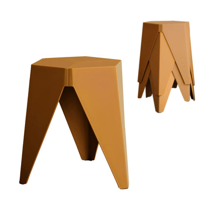 Two geometric mustard yellow stools on a white background