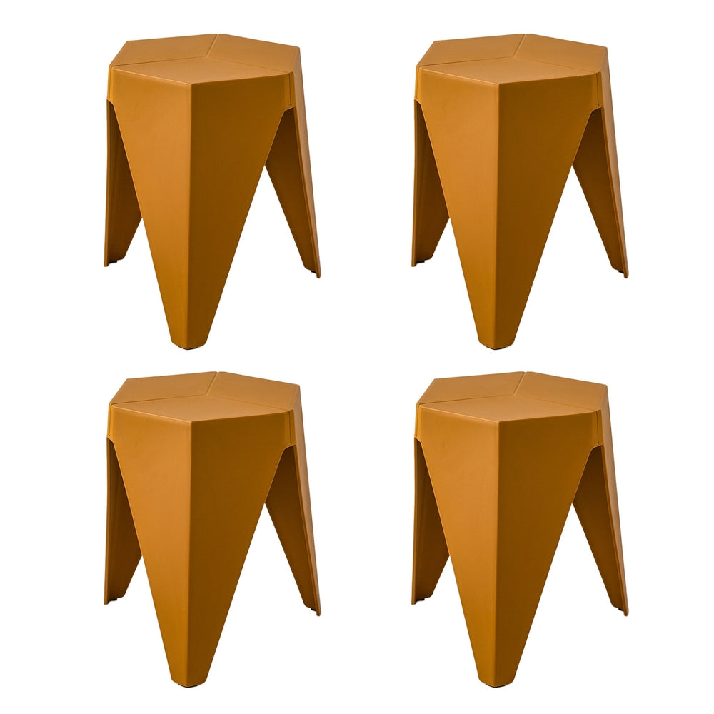 Four mustard yellow geometric stools on a white background