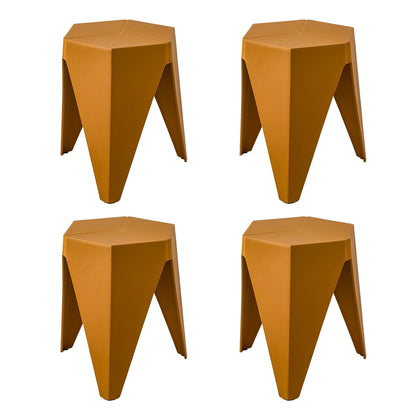 Four mustard yellow geometric stools on a white background