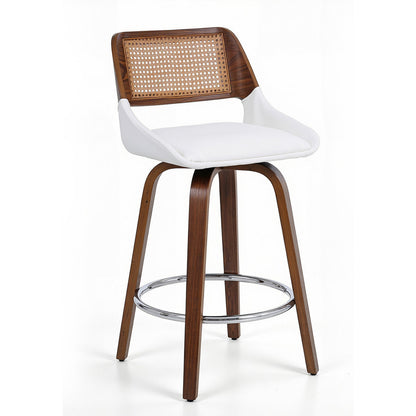 Bar stool with white seat, wooden frame, and woven backrest on a white background
