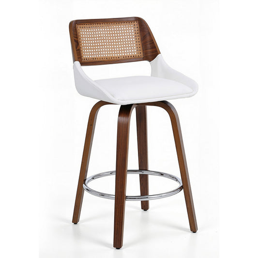 Bar stool with white seat, wooden frame, and woven backrest on a white background