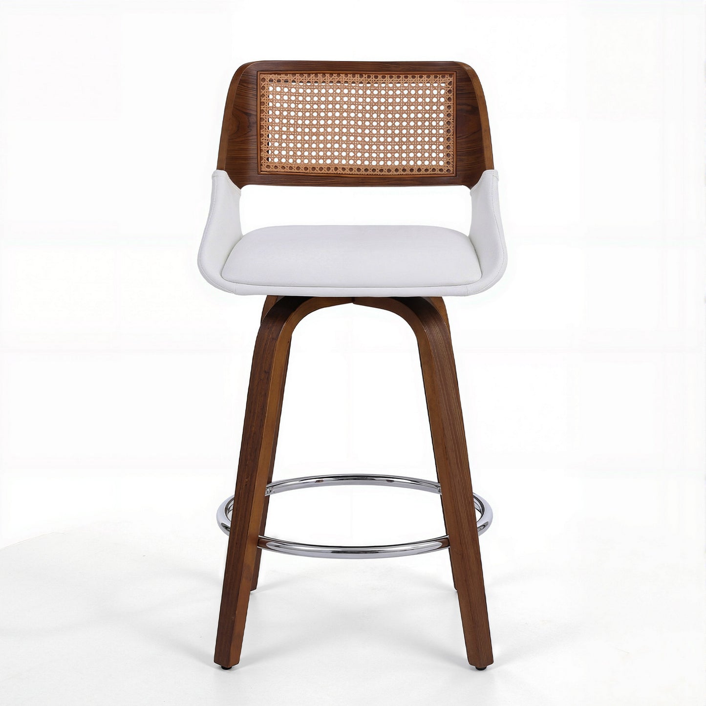 Bar stool with wooden frame, white seat, and woven backrest on a white background