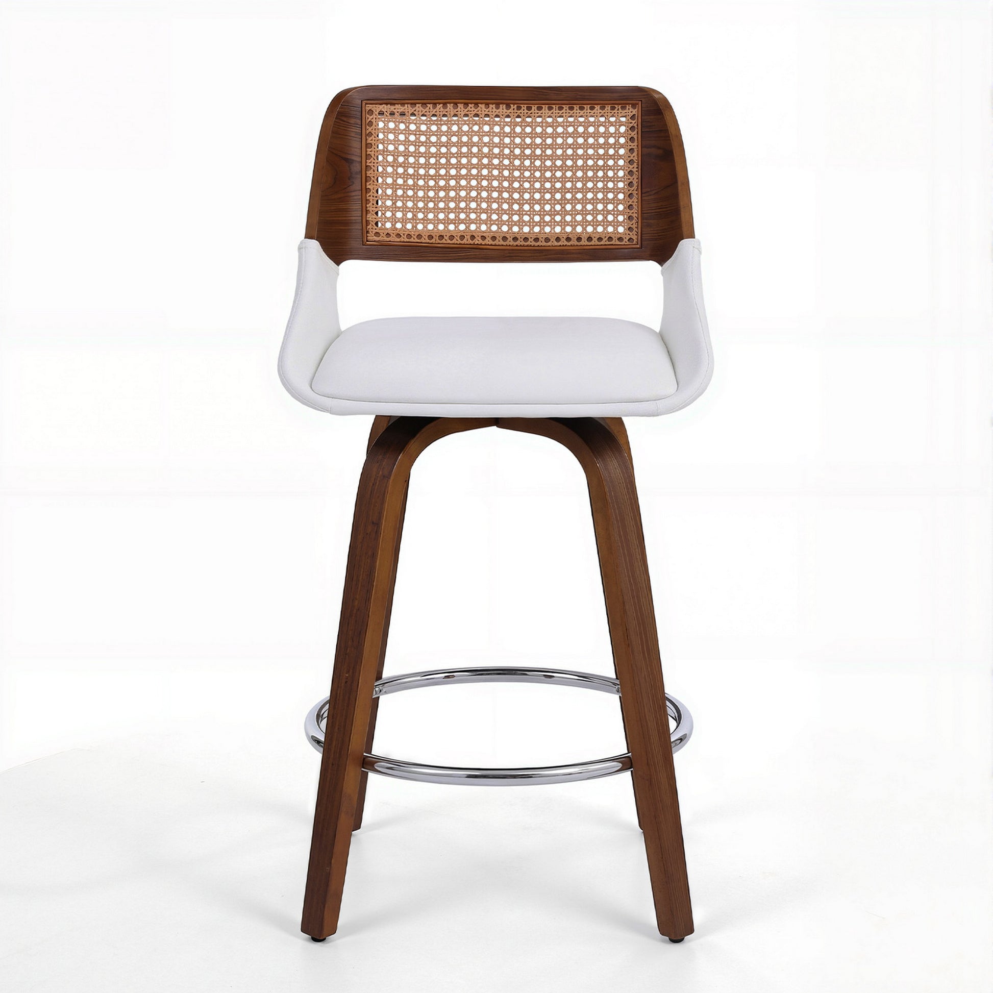 Bar stool with wooden frame, white seat, and woven backrest on a white background