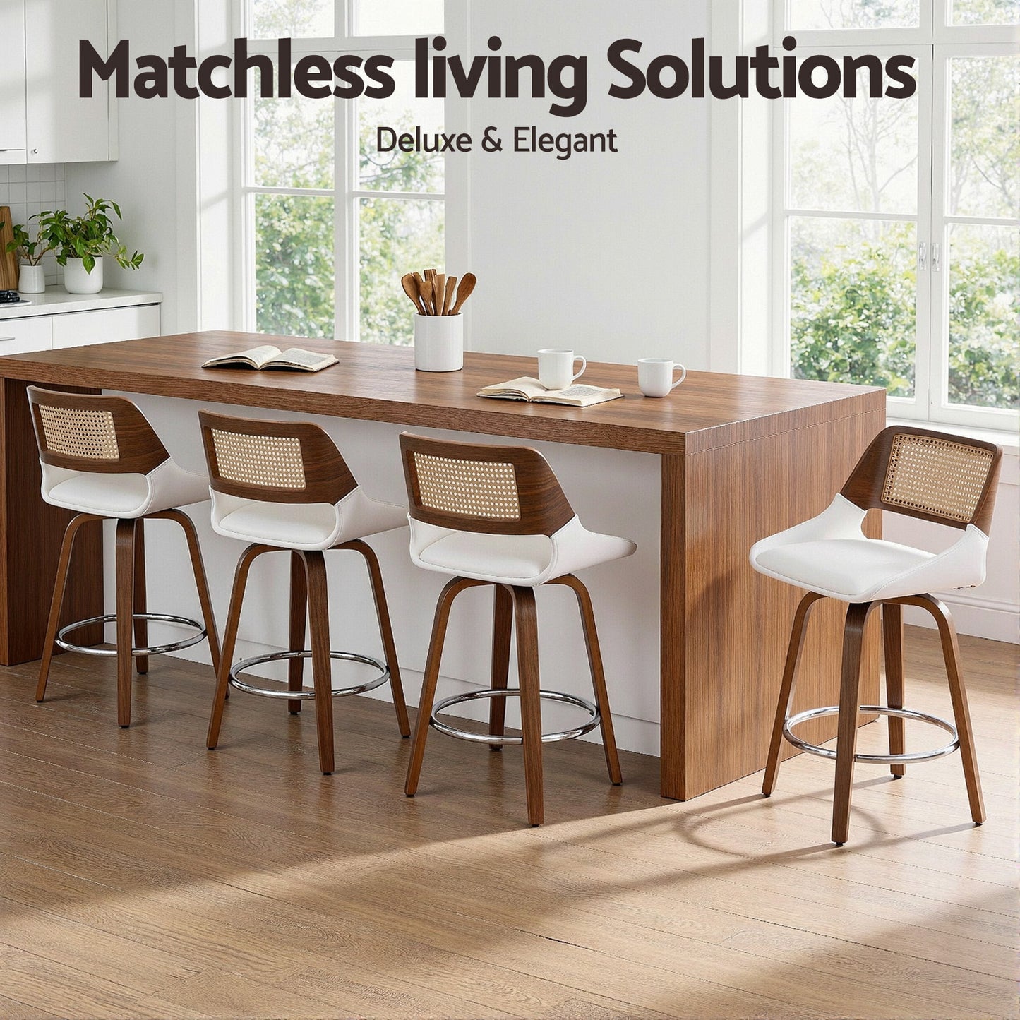 Wooden dining table with bar stools in a bright room, featuring 'Matchless Living Solutions' text.