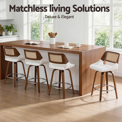 Wooden dining table with bar stools in a bright room, featuring 'Matchless Living Solutions' text.