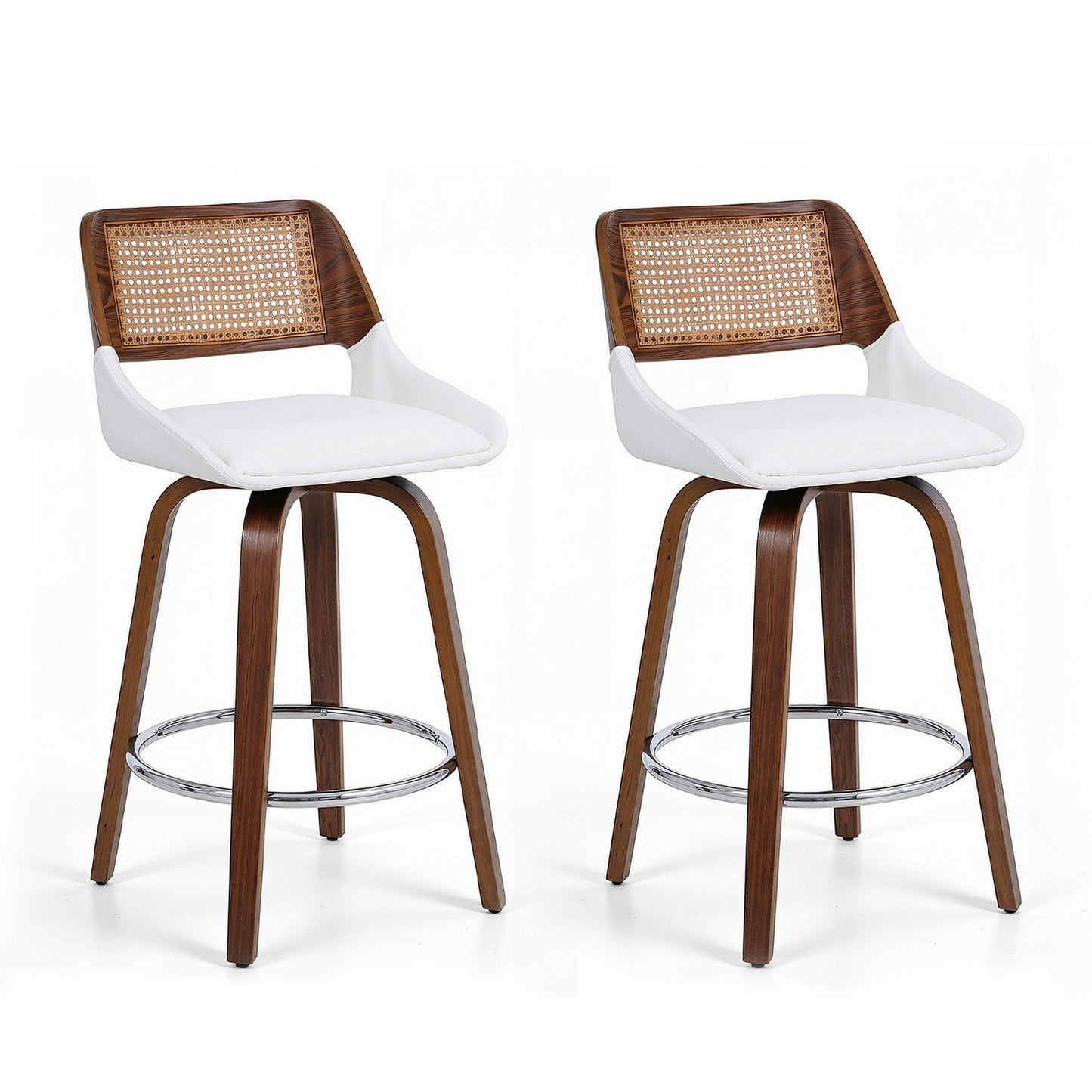 Two bar stools with white seats and brown wooden frames on a white background