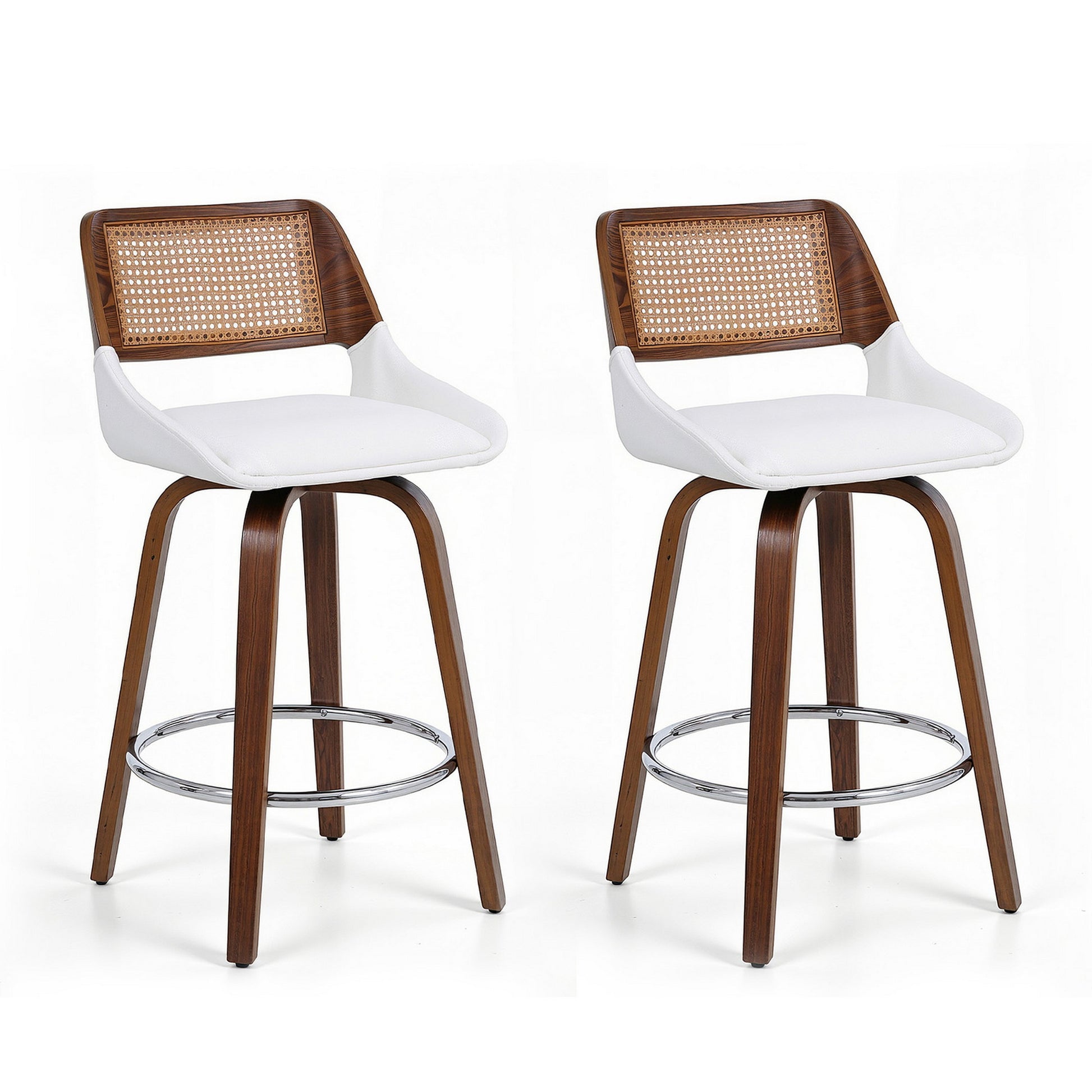 Two bar stools with white seats and brown wooden frames on a white background