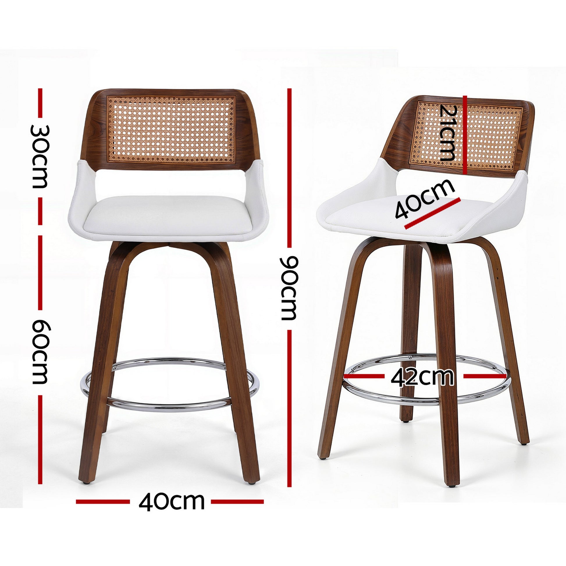 Two bar stools with dimensions marked on a white background