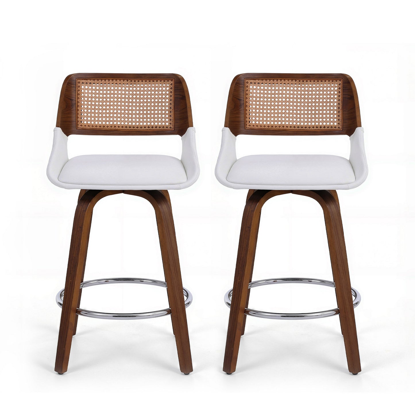 Two bar stools with wooden frames, white seats, and woven backrests on a white background.