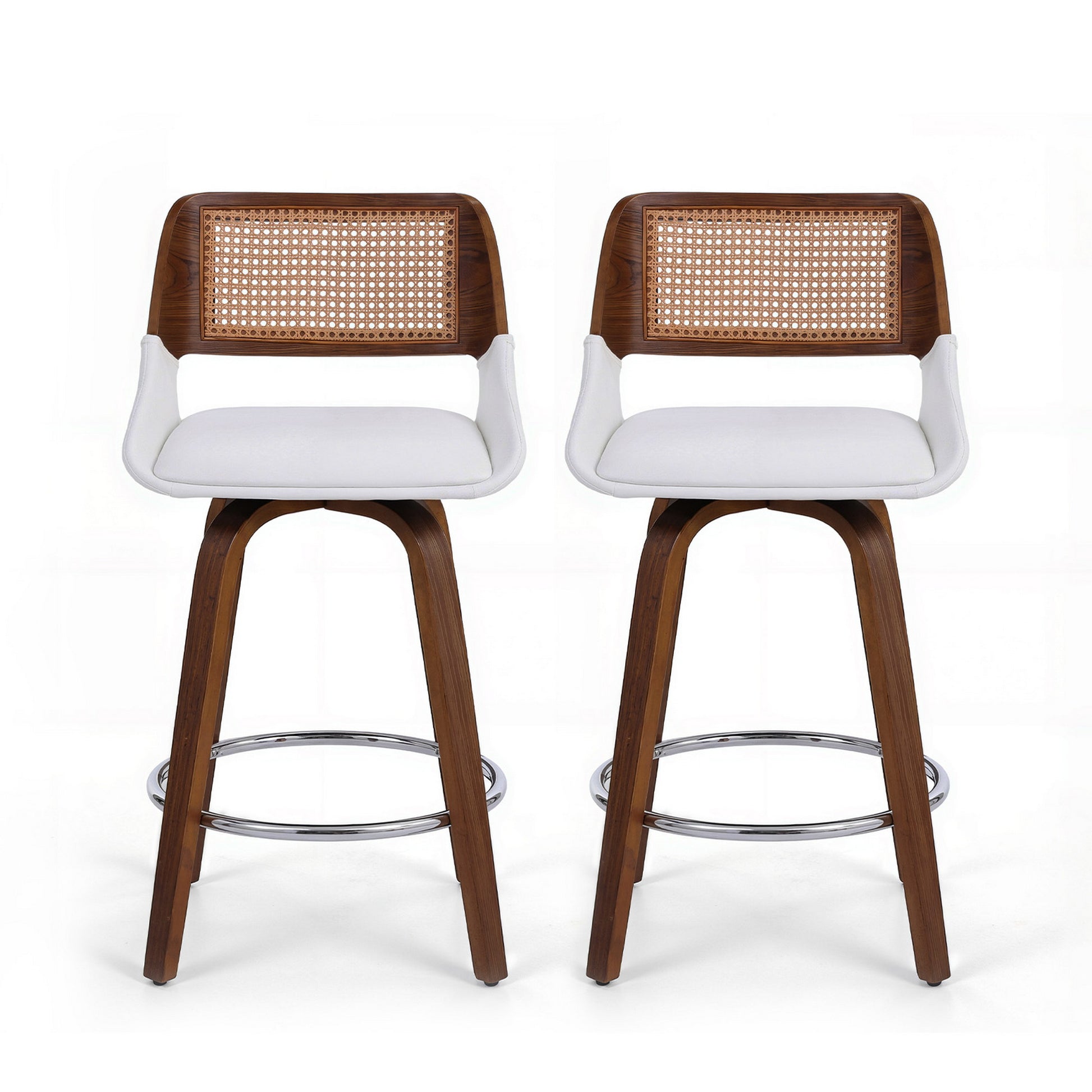 Two bar stools with wooden frames, white seats, and woven backrests on a white background.