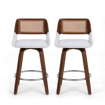 Two bar stools with wooden frames, white seats, and woven backrests on a white background.