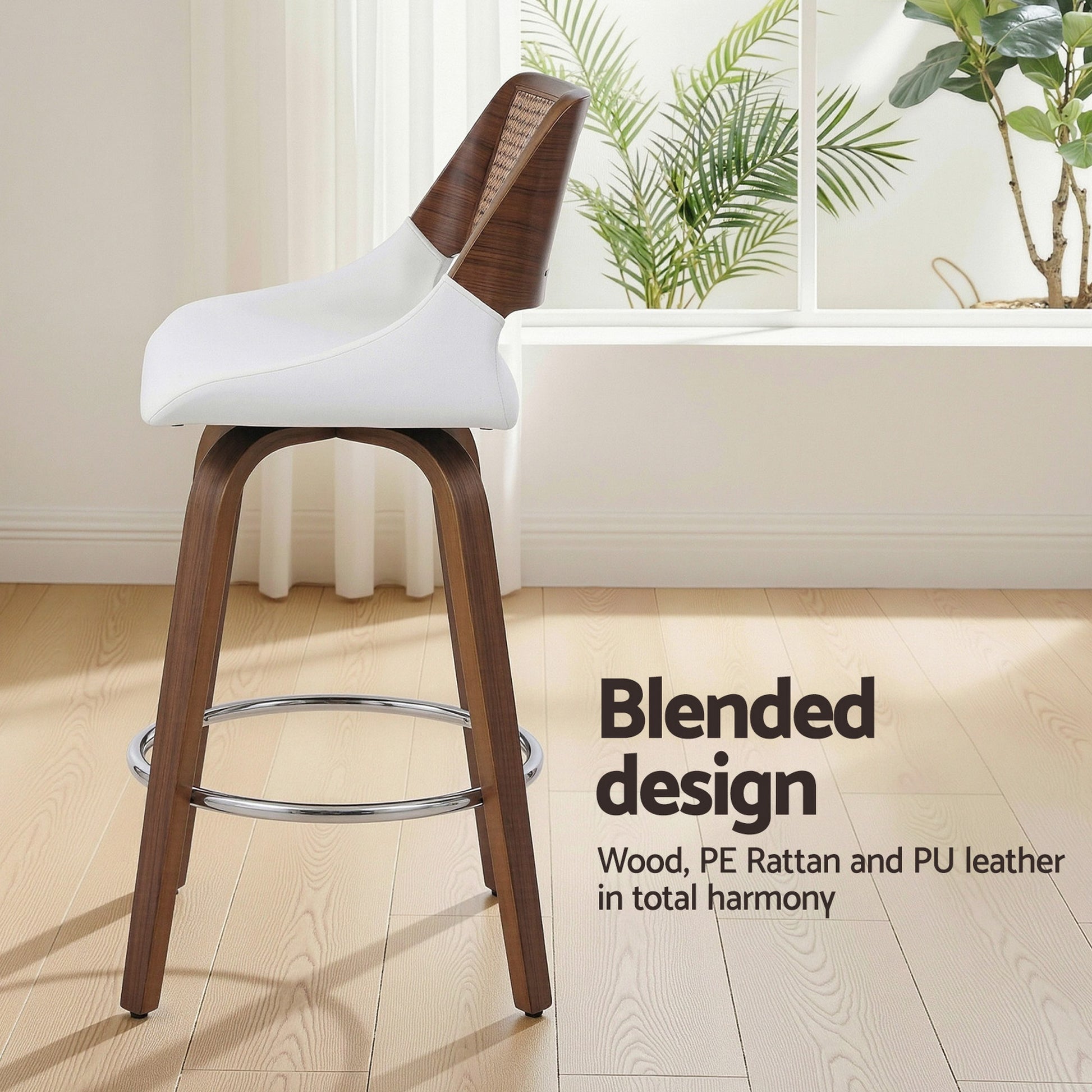 Bar stool with white seat and wooden legs in a room with plants