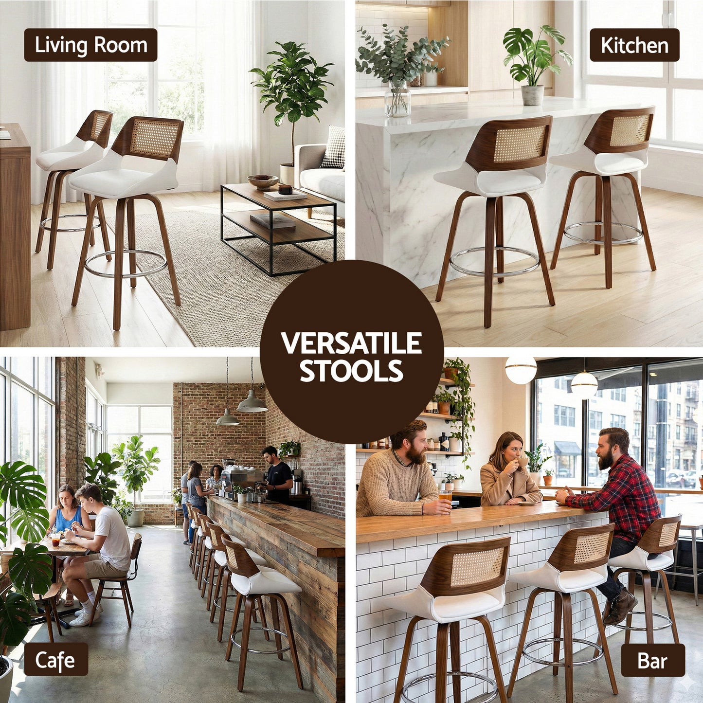 Collage of bar stools in various settings including living room, kitchen, cafe, and bar.