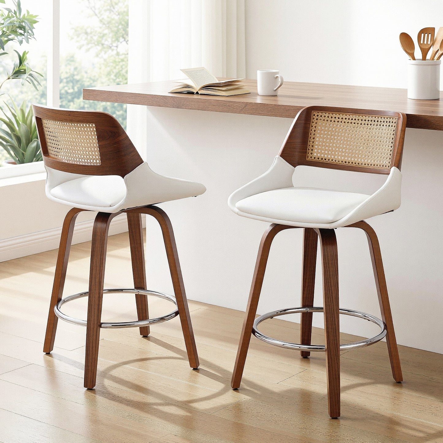 Two bar stools with wooden frames and white seats in a kitchen setting.