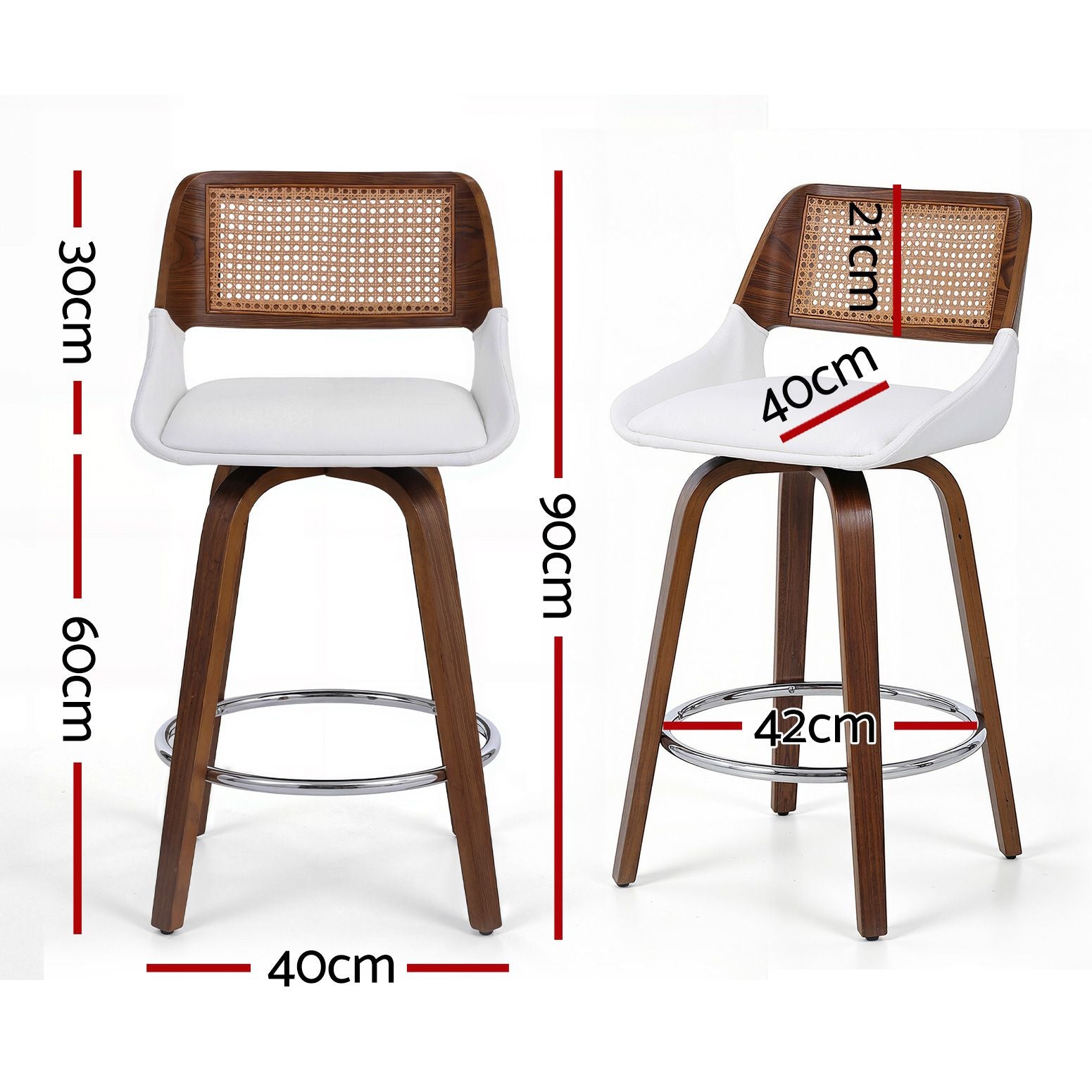 Two bar stools with dimensions marked on a white background