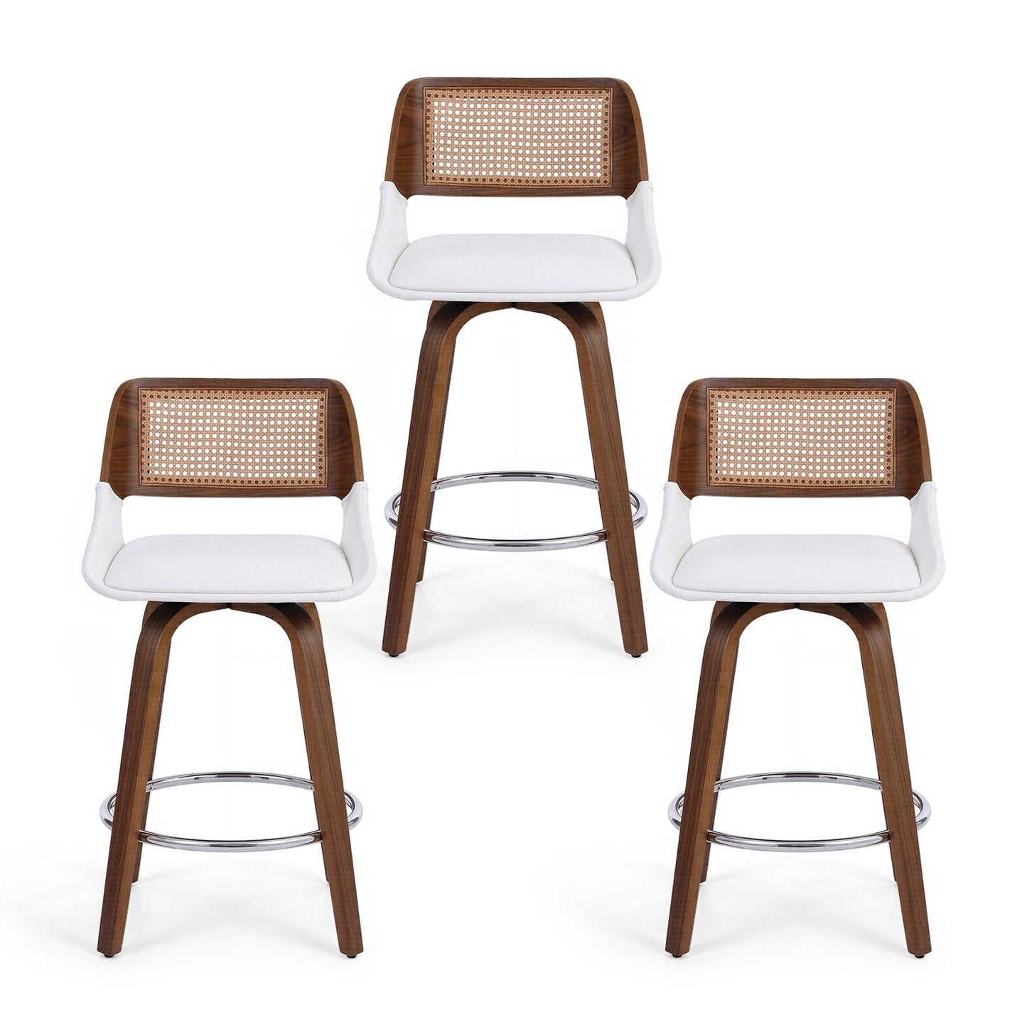 Three bar stools with wooden frames and wicker backrests on a white background