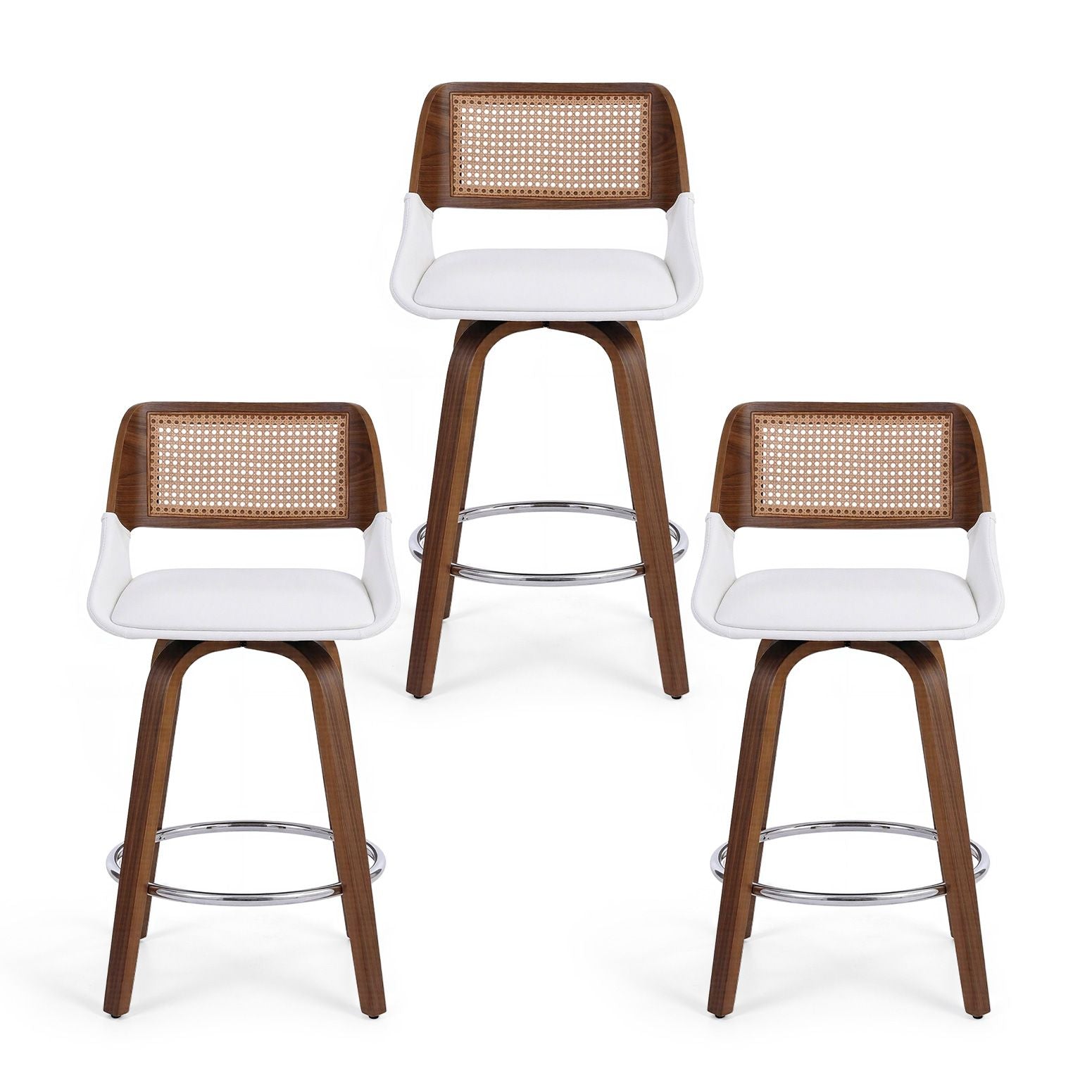 Three bar stools with wooden frames and wicker backrests on a white background