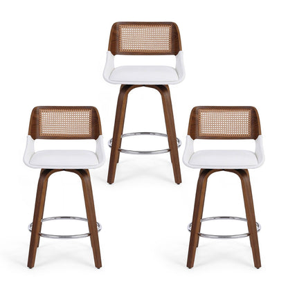 Three bar stools with wooden frames and wicker backrests on a white background