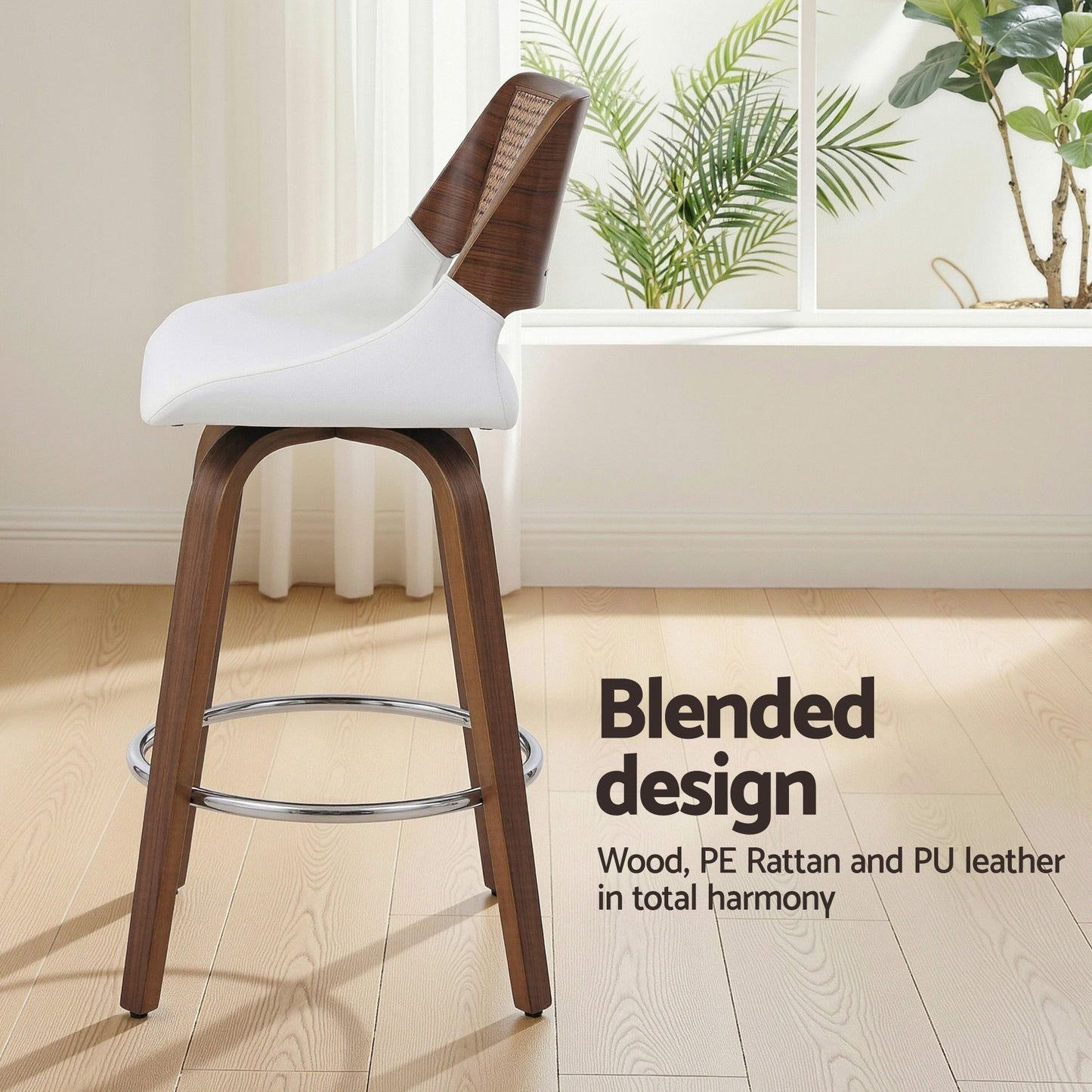 Bar stool with white seat and wooden legs in a room with plants