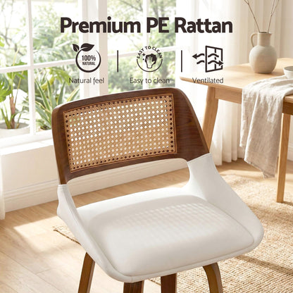 White chair with wicker backrest in a bright room with plants and a table.