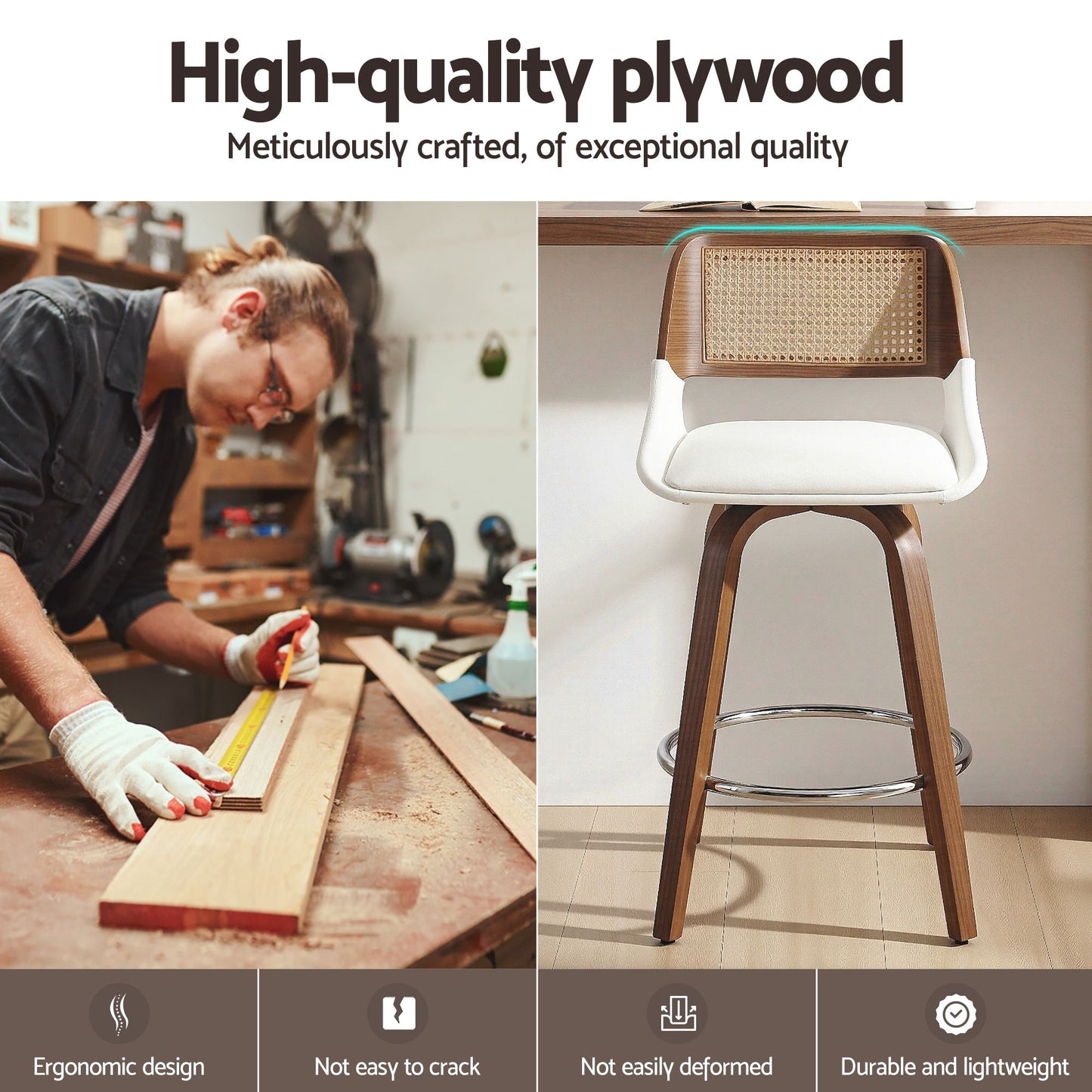 Person measuring plywood with a completed stool in the background, emphasizing high-quality plywood.