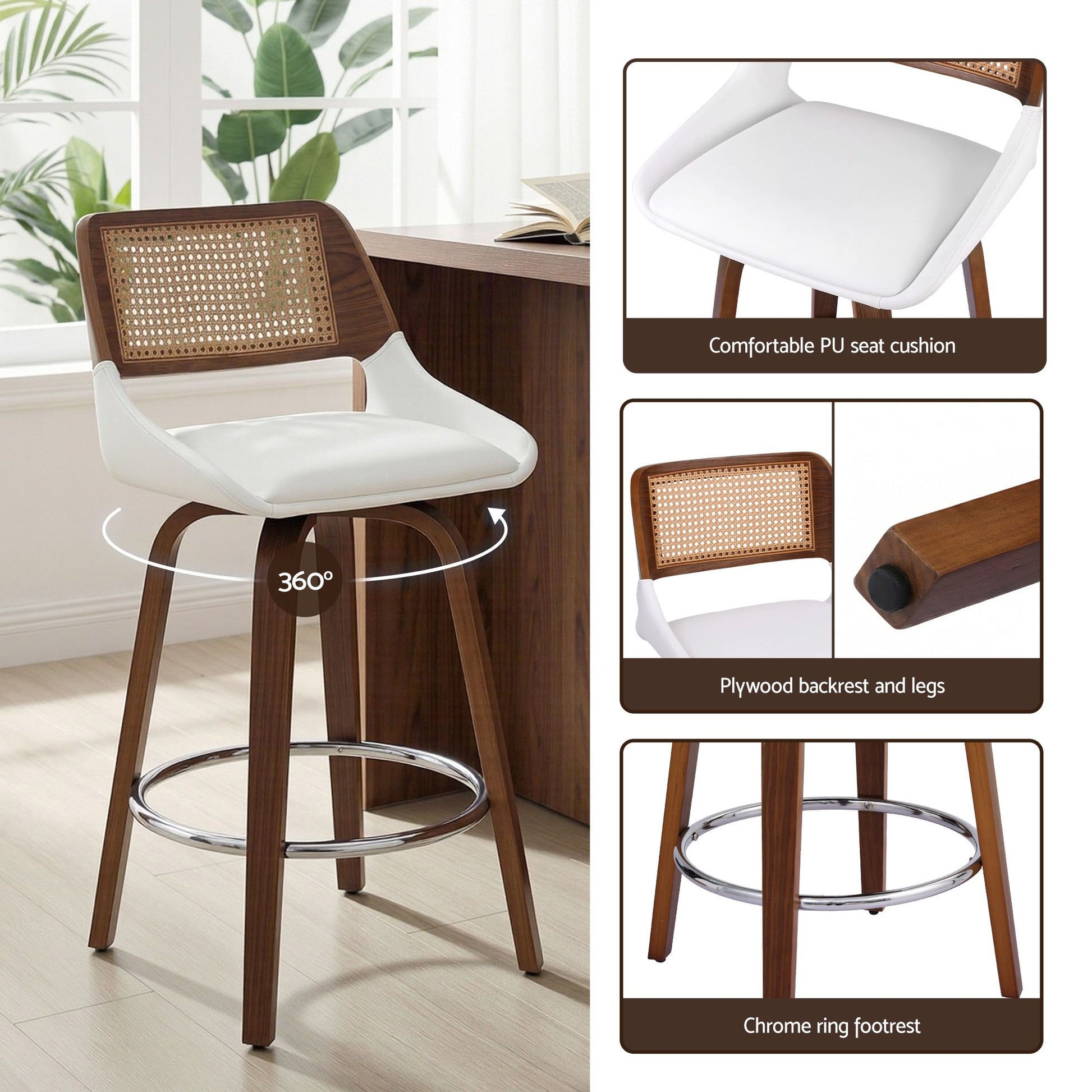 Wooden bar stool with white seat cushion in a room setting, showing features like PU seat cushion, plywood backrest and legs, and chrome ring footrest.