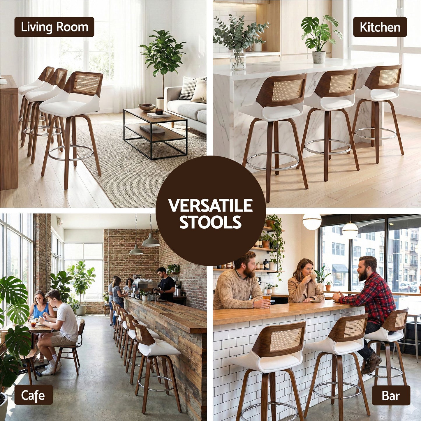 Collage of bar stools in various settings including living room, kitchen, cafe, and bar.