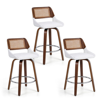 Three bar stools with white seats and brown frames on a white background