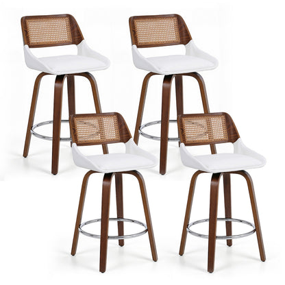 Four bar stools with white seats and brown wooden frames on a white background