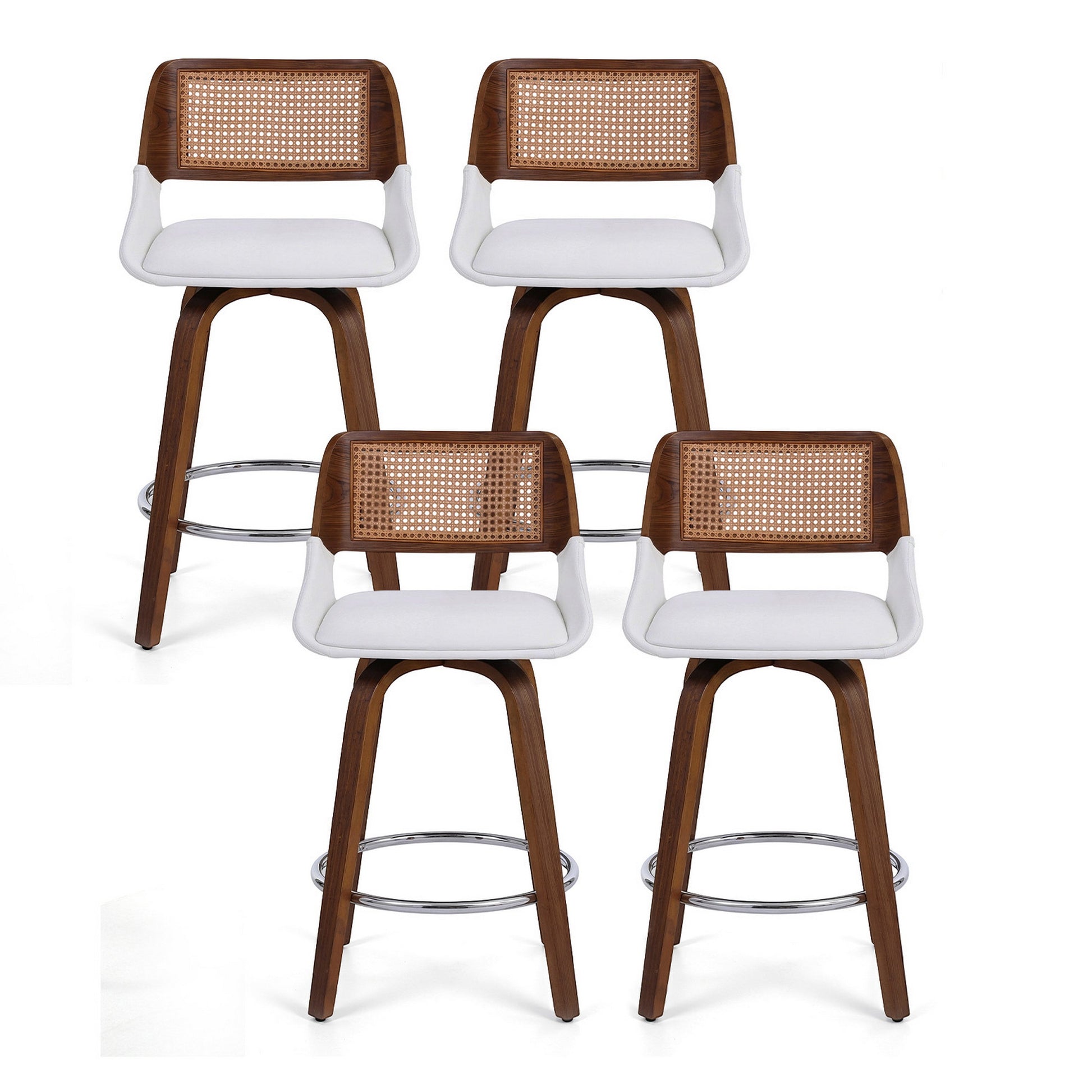 Four wooden bar stools with wicker backrests and white seats on a white background
