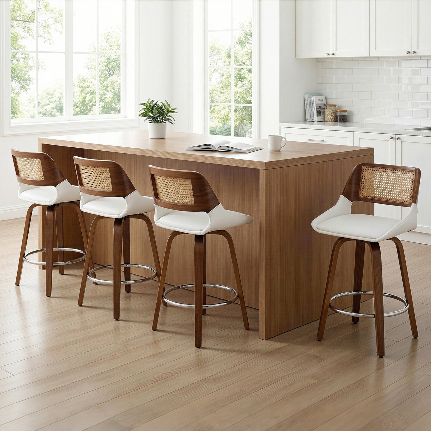 Modern kitchen with wooden island and bar stools
