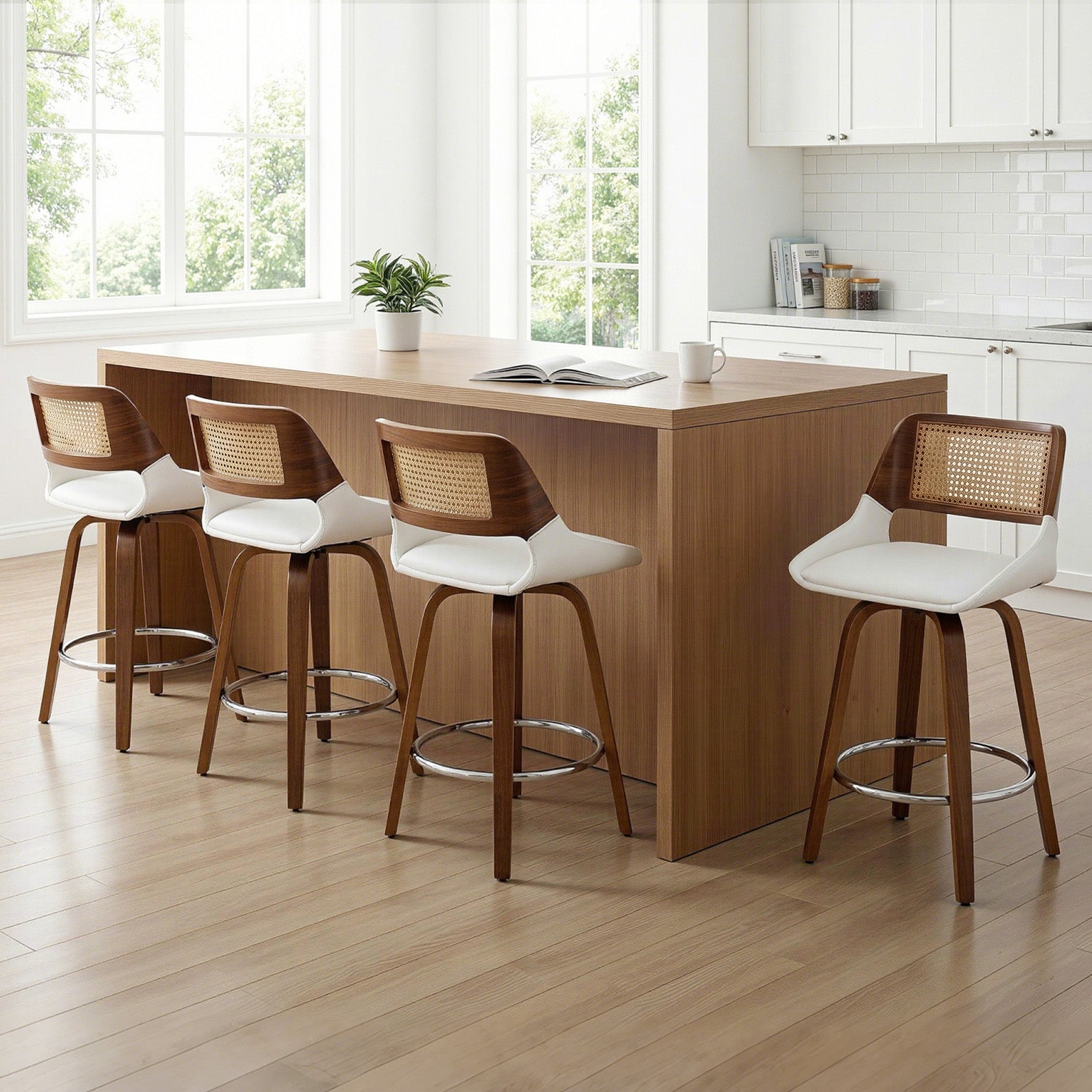 Modern kitchen with wooden island and bar stools