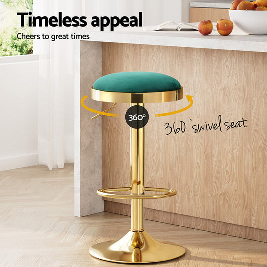 Set of 2 Velvet Gas Lift Bar Stools Gold Green