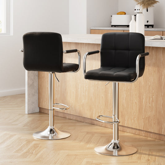 2 x Leather Gas Lift Bar Stools w/Armrest Black
