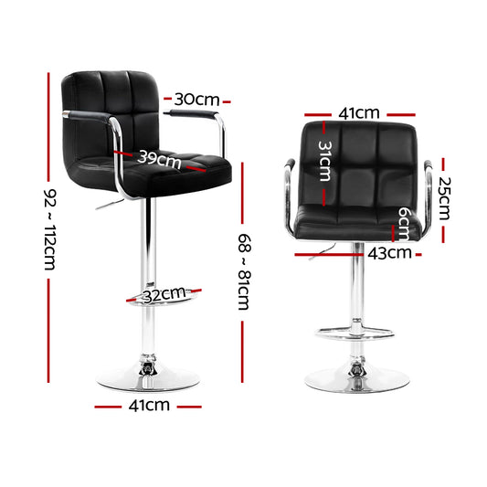 2 x Leather Gas Lift Bar Stools w/Armrest Black