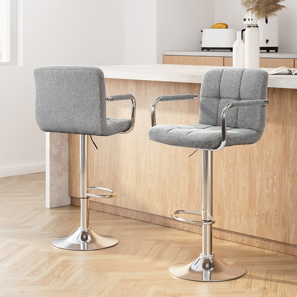 Set of 2 Linen Fabric Gas Lift Bar Stools w/Armrest Grey