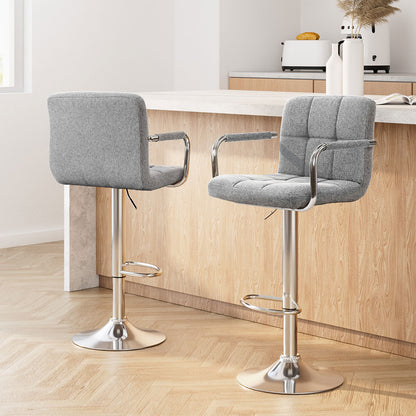 Set of 2 Linen Fabric Gas Lift Bar Stools w/Armrest Grey