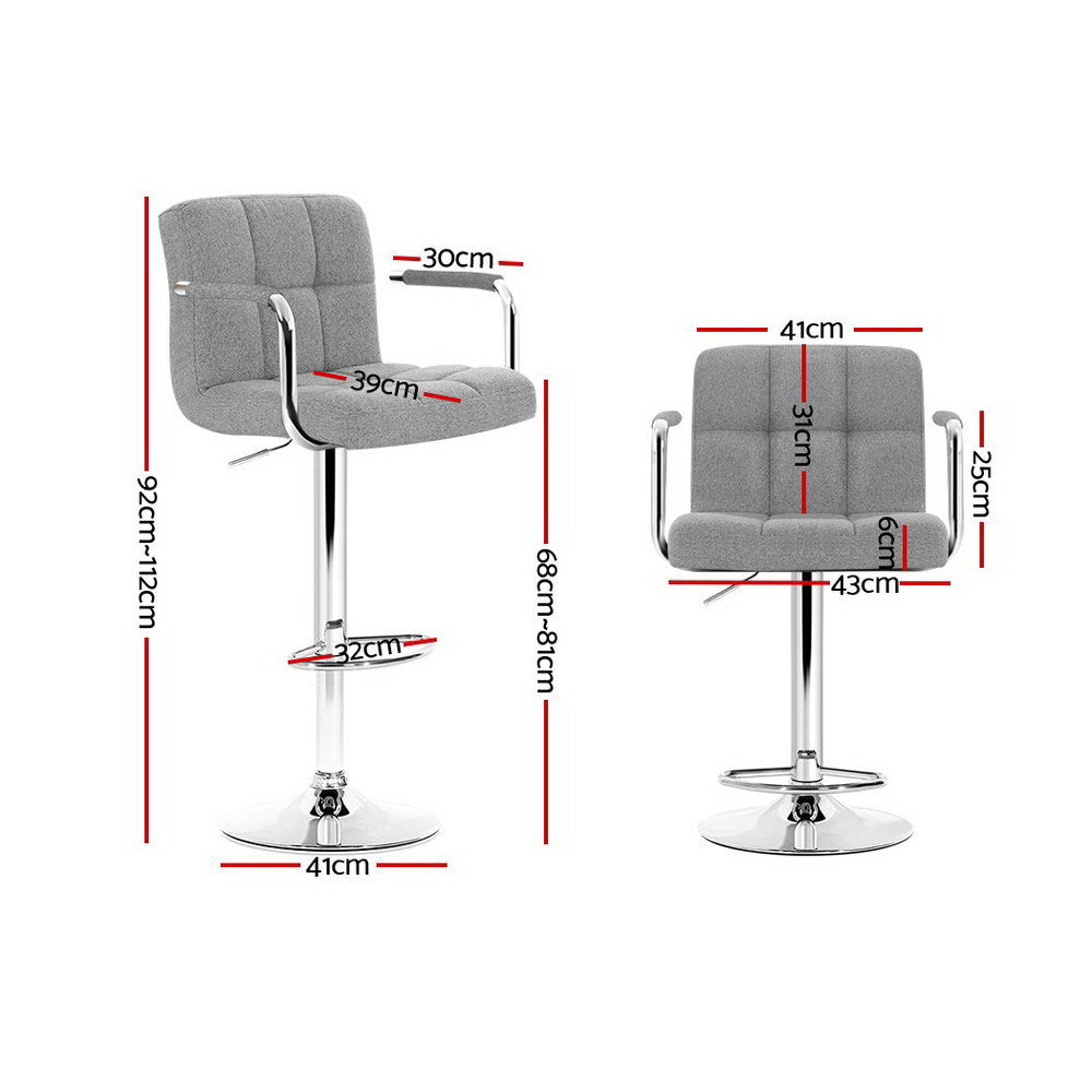 Set of 2 Linen Fabric Gas Lift Bar Stools w/Armrest Grey