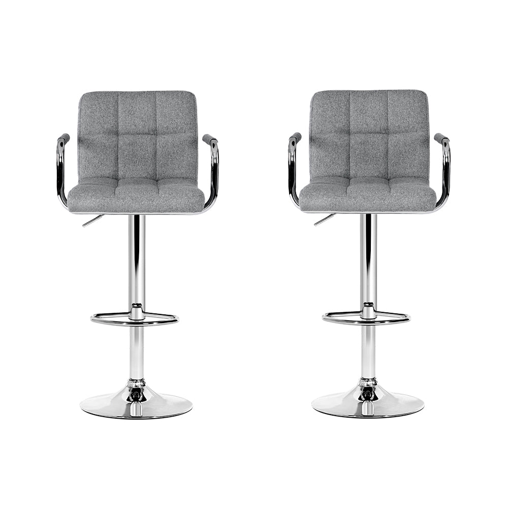 Set of 2 Linen Fabric Gas Lift Bar Stools w/Armrest Grey