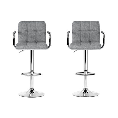 Set of 2 Linen Fabric Gas Lift Bar Stools w/Armrest Grey