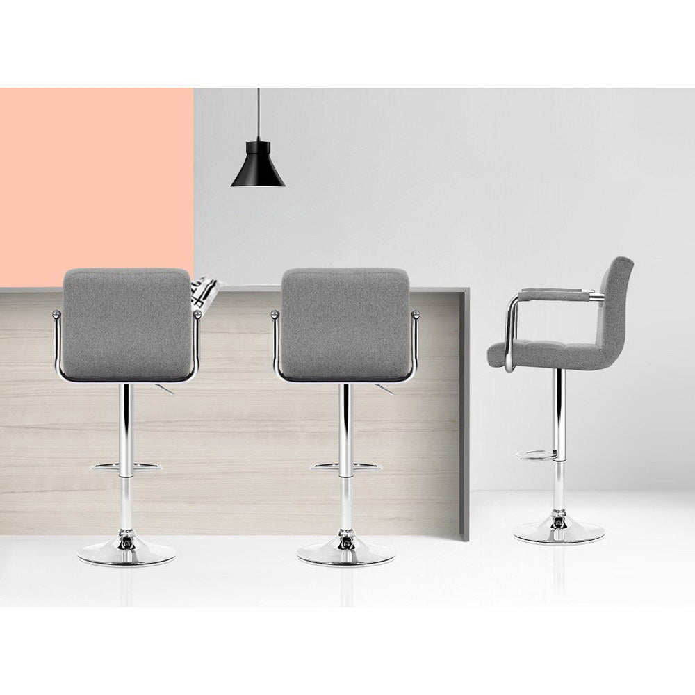 Set of 2 Linen Fabric Gas Lift Bar Stools w/Armrest Grey