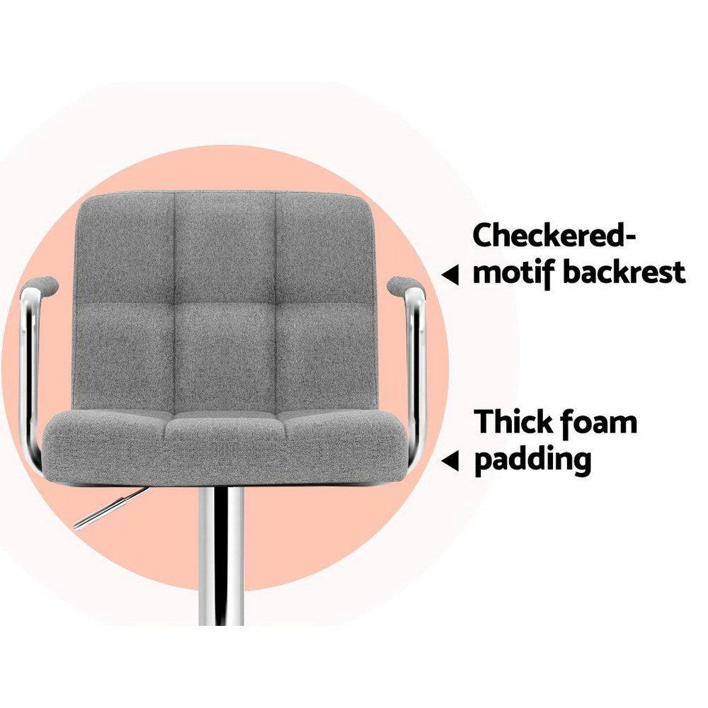 Set of 2 Linen Fabric Gas Lift Bar Stools w/Armrest Grey