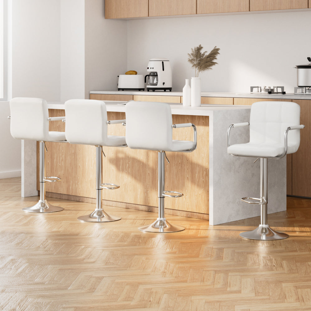 4 x Leather Gas Lift Bar Stools w/Armrest White