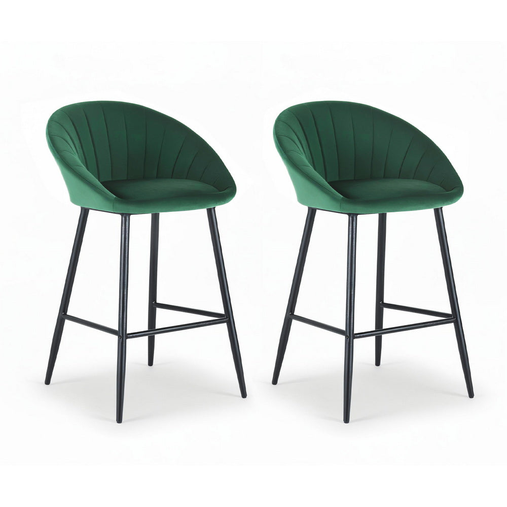 Two green bar stools with black legs on a white background
